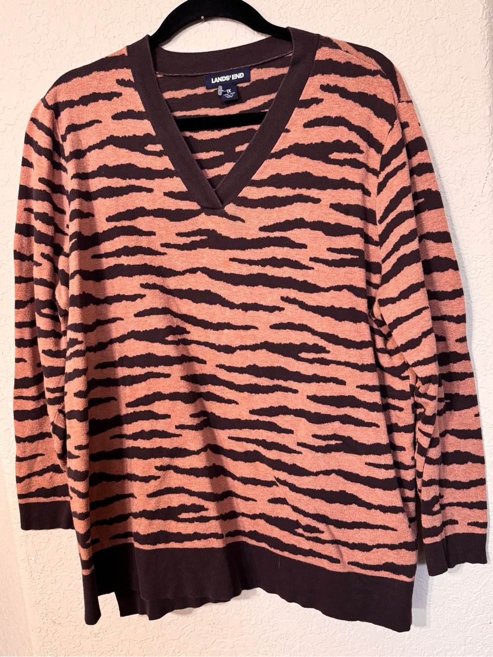 Lands' End V-Neck Tunic Sweater Pecan Tan & Brown Animal Print Size 1X